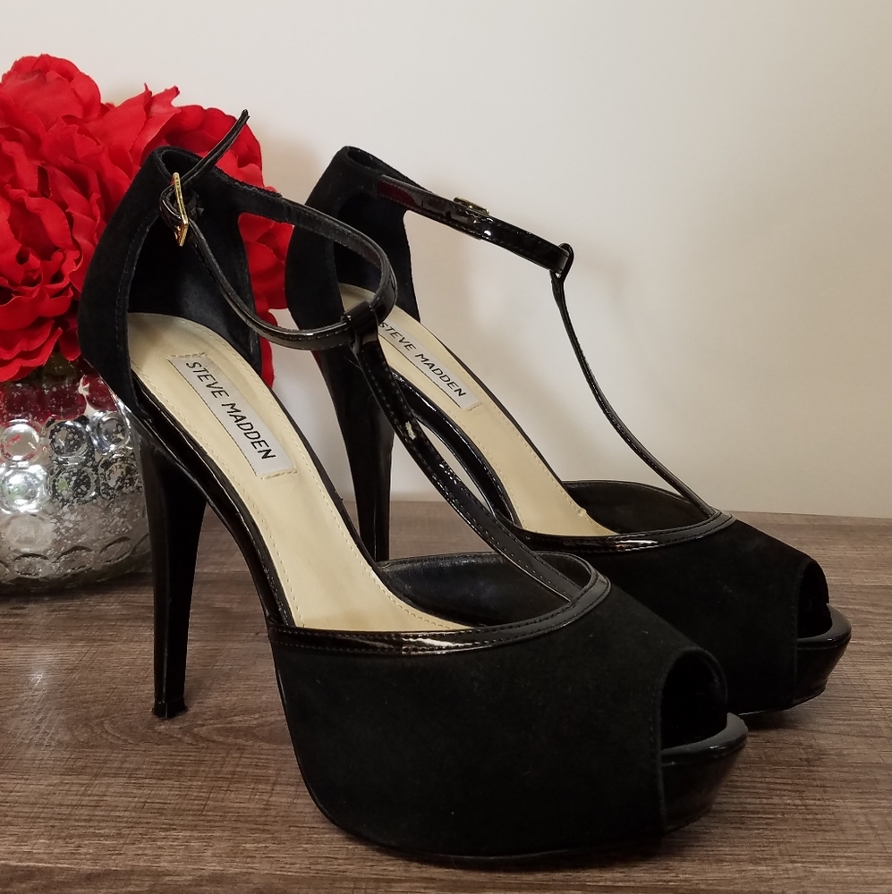 Steve Madden Shoes Heels T-Strap Maggie Black 8 - Picture 2 of 6